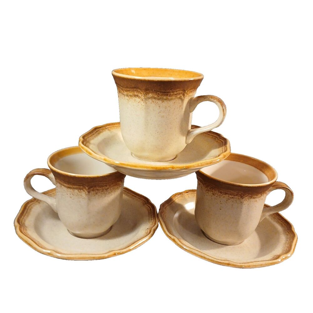 Mikasa Whole Wheat 3 Mug / Cup and Saucer Sets Stoneware Vintage 1970s Japan